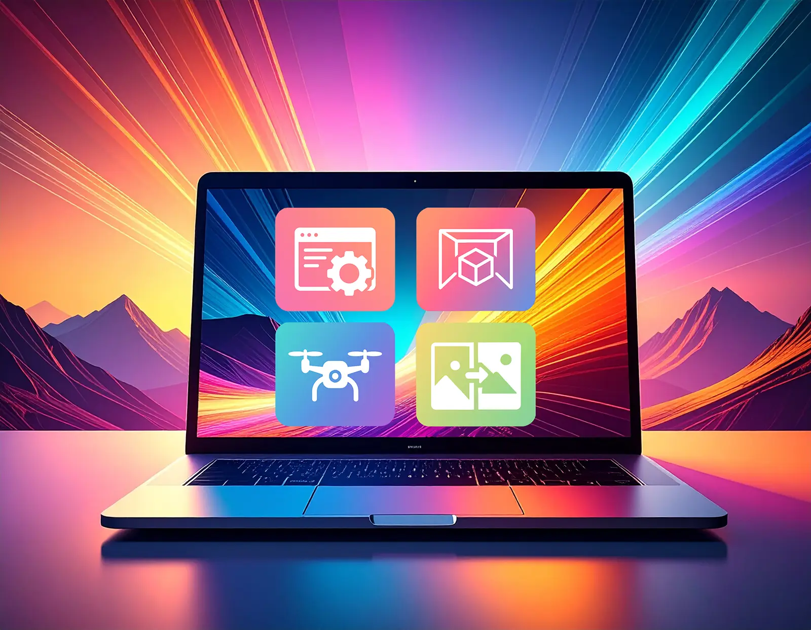 MacBook mit vier farbigen Icons für Webdesign, 3D-Visualisierung, Drohnentechnologie und Bildbearbeitung vor einem futuristischen, farbenfrohen Hintergrund.